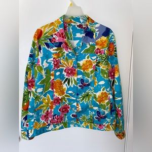 Laura Ashley Women's Long Sleeve Floral Sequin Button Jacket Teal Size L